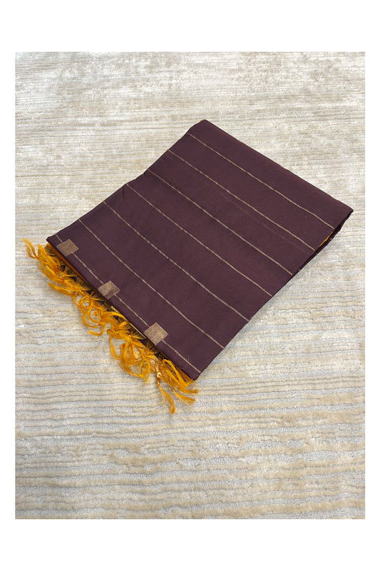 Southloom Pure Handloom Cotton Silk Saree With Handwoven Work Across Body and Blouse in Brown And Yellow