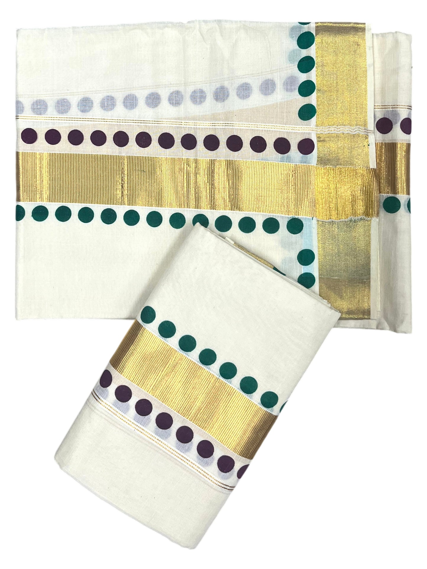 Southloom Kerala Cotton Kasavu Single Set Mundu (Mundum Neriyathum) with Maroon And Green Polka Dots Border SLKK