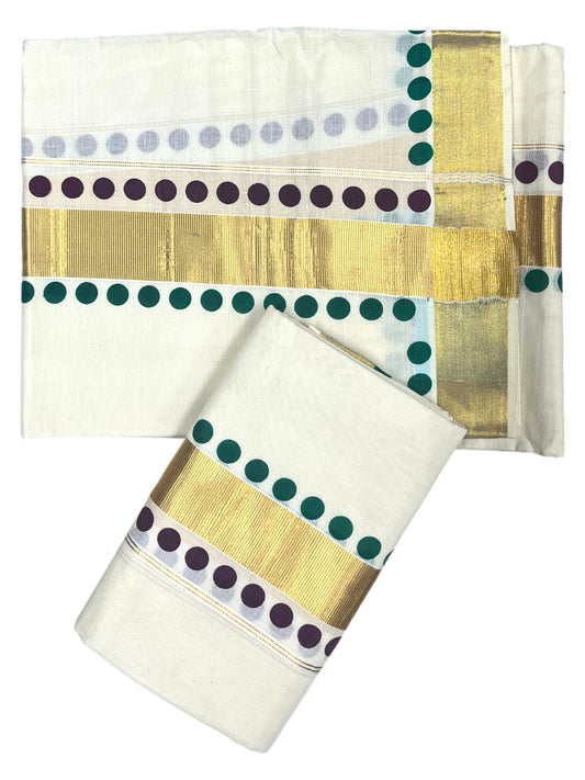 Southloom Kerala Cotton Kasavu Single Set Mundu (Mundum Neriyathum) with Purple And Green Polka Dots Border SLKK