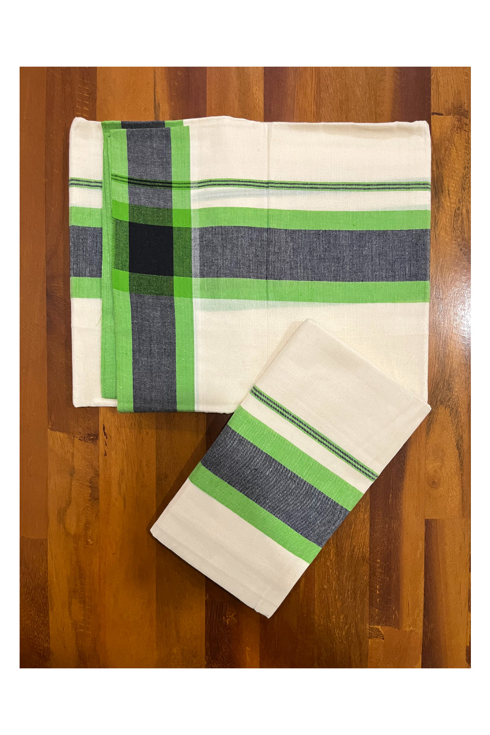 Pure Cotton Mundum Neriyathum Double (Set Mundu) with Green and Black Border