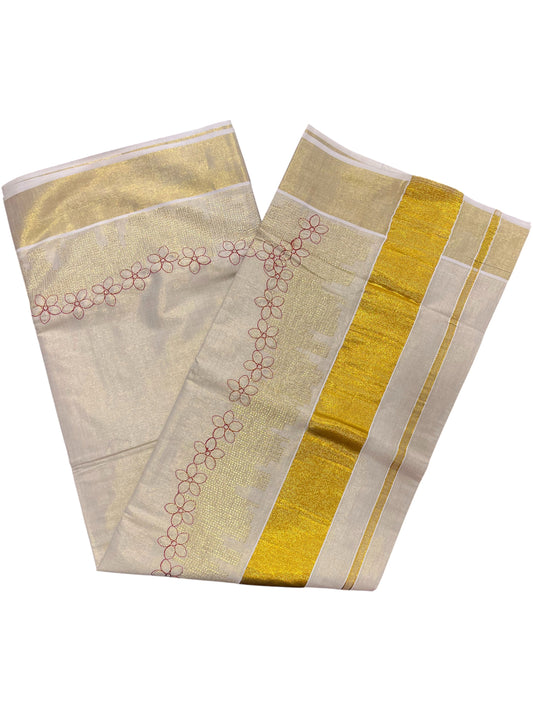 Southloom Kerala Tissue Kasavu Plain Saree with Red Floral Embroidery Works