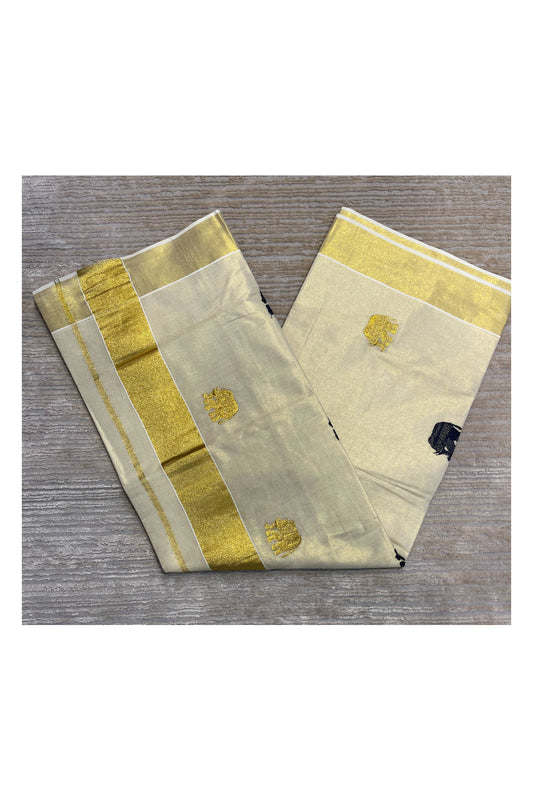 Kerala Tissue Kasavu Lines Saree with Golden And Black Elephant Embroidery Works