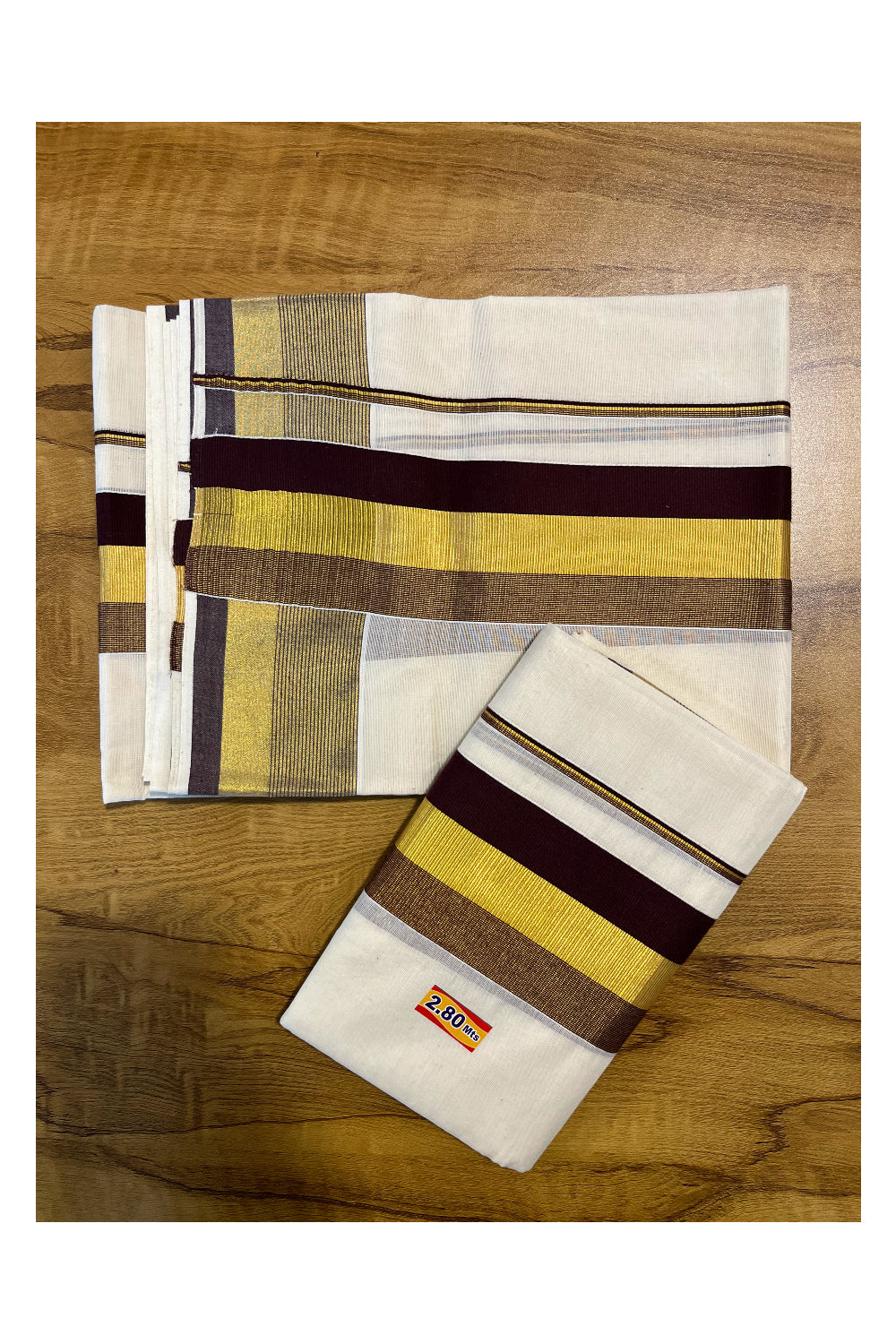 Kerala Cotton Set Mundu (Mundum Neriyathum) with Brown and Kasavu Border 2.80 Mtrs