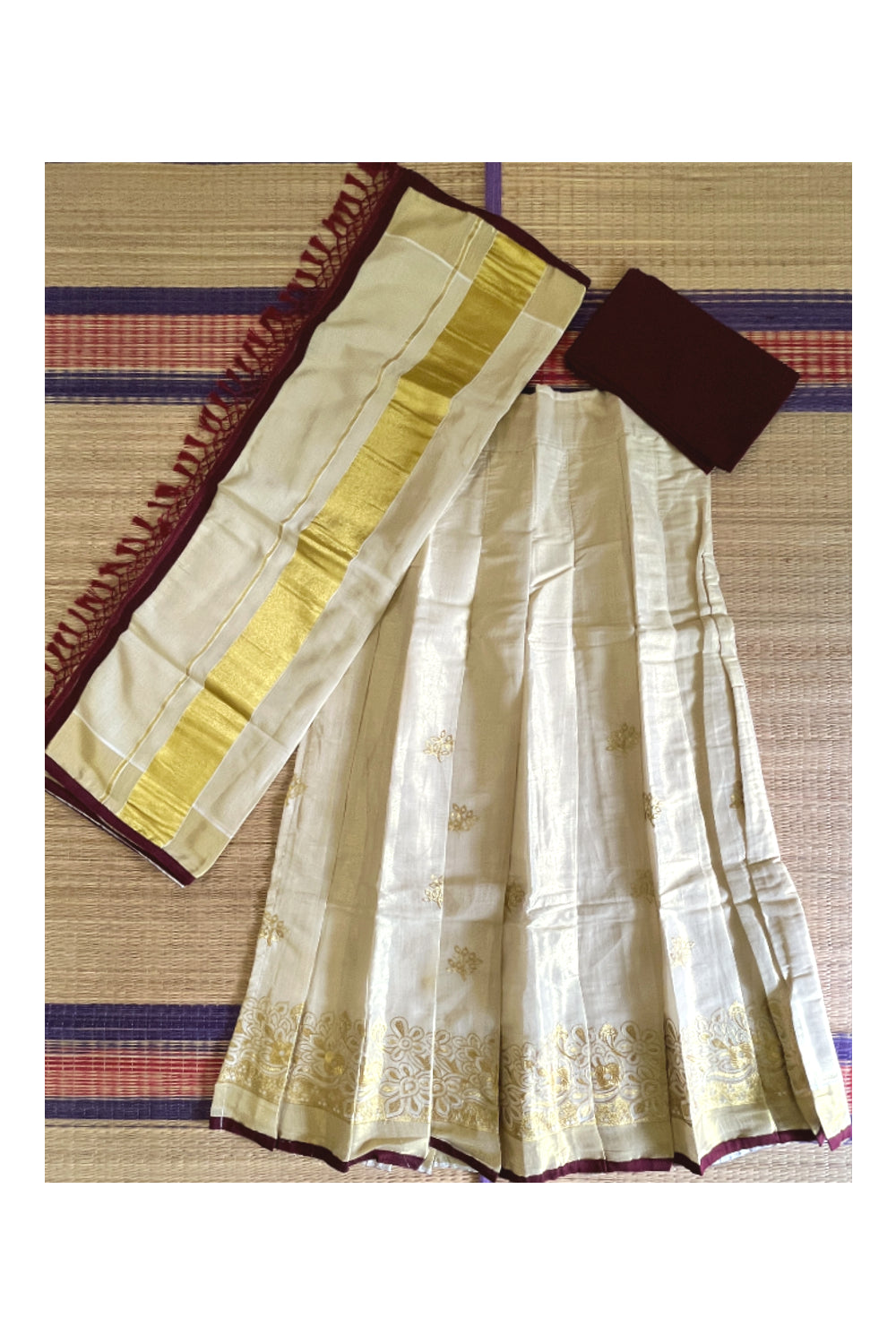 Semi Stitched Dhavani Set with Tissue Kasavu Woven Design Pavada and Dark Maroon Blouse Piece