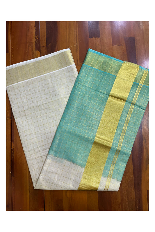 Southloom Tie & Dye - Half & Half Green Design Saree with Kasavu Checks Across Body