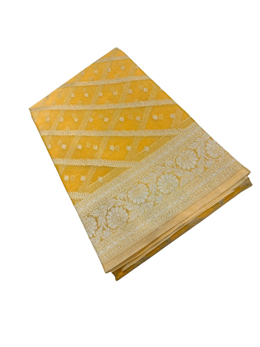 Southloom Cotton Banarasi Silk Saree with Woven Work on Body and Borders(Yellow)
