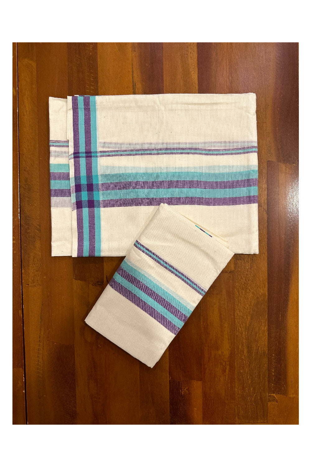 Kerala Mulloth Soft Cotton Mundum Neriyathum Single with Violet and Turquoise Border (Onam Set Mundu 2023)