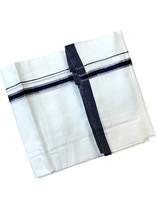 Southloom Pure White Cotton Mundu with Blue & Silver Line Border (South Indian Kerala Dhoti)