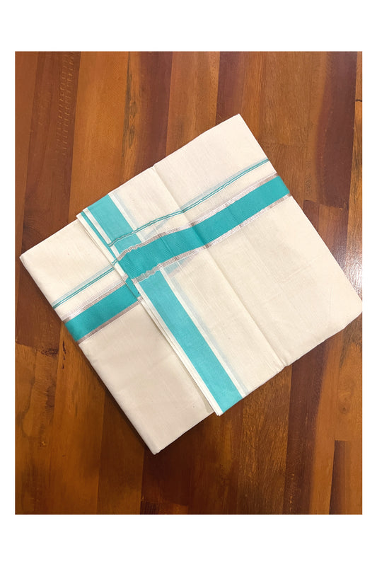 Pure Cotton Double Mundu with Silver Kasavu and Turquoise Kara (South Indian Kerala Dhoti)