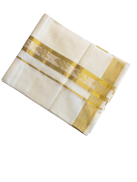 Southloom Premium Handloom Cotton Double Mundu with Gold Kasav Line Border