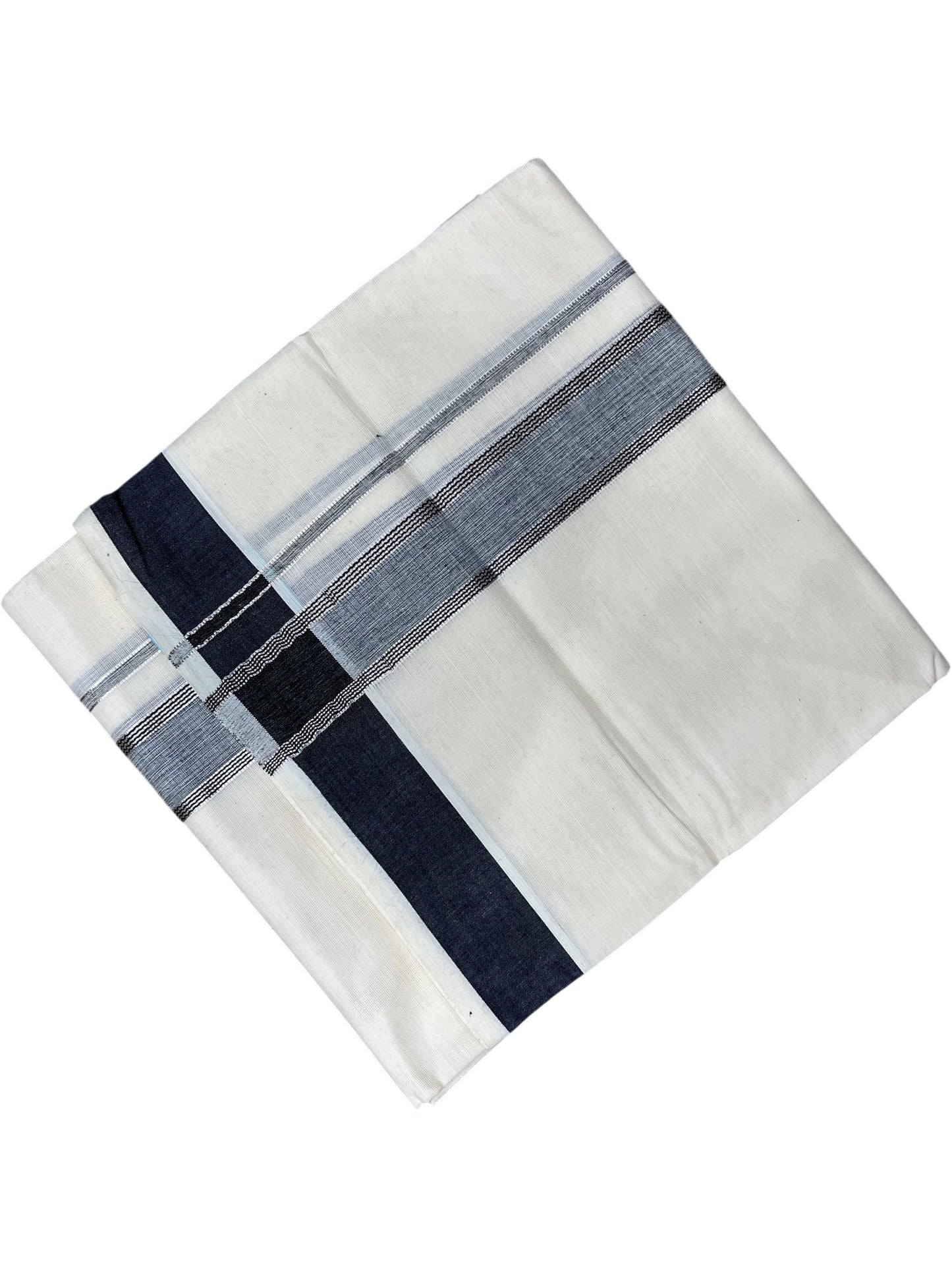 Southloom Kerala Pure Cotton Double Mundu with Silver Lines and Grey Border with (South Indian Dhoti)