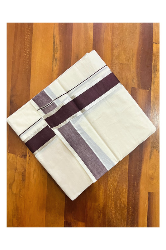 Pure Cotton Double Mundu with Dark Brown and Silver Kasavu Kara (South Indian Kerala Dhoti)