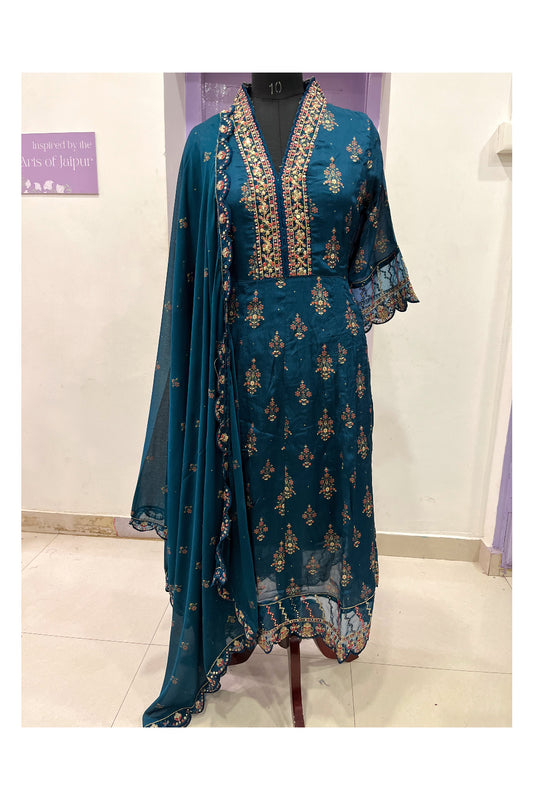 Southloom Stitched Semi Silk Blue Salwar Set with Sequins Works in Yoke