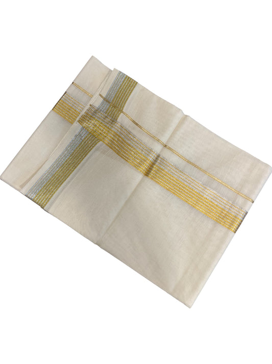 Kerala Cotton Double Mundu with Gold And Silver Border (South Indian Dhoti)