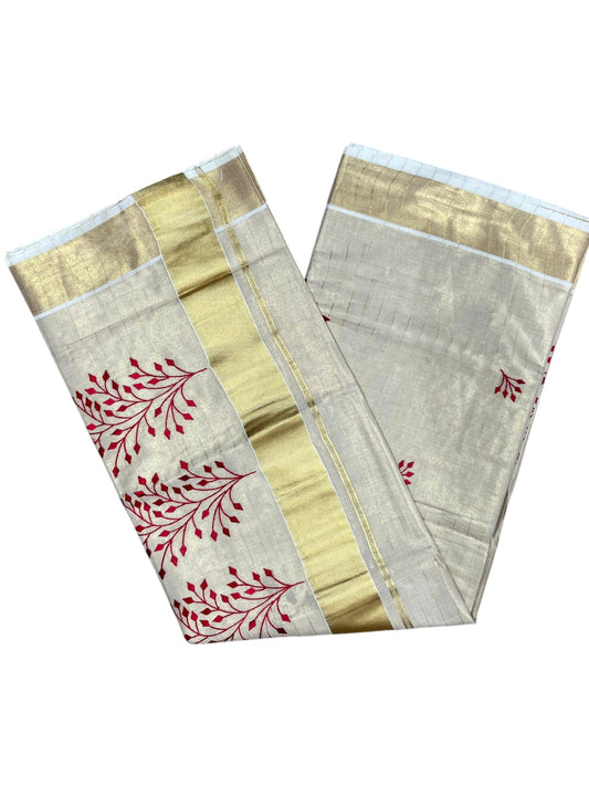 Southloom Kerala Tissue Kasavu Lines Saree with Red Floral Embroidery Design on Body