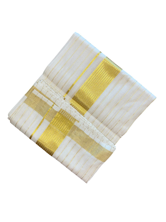 Southloom Premium Handloom Cotton Gold Kasavu Double Mundu with Stripes on Body