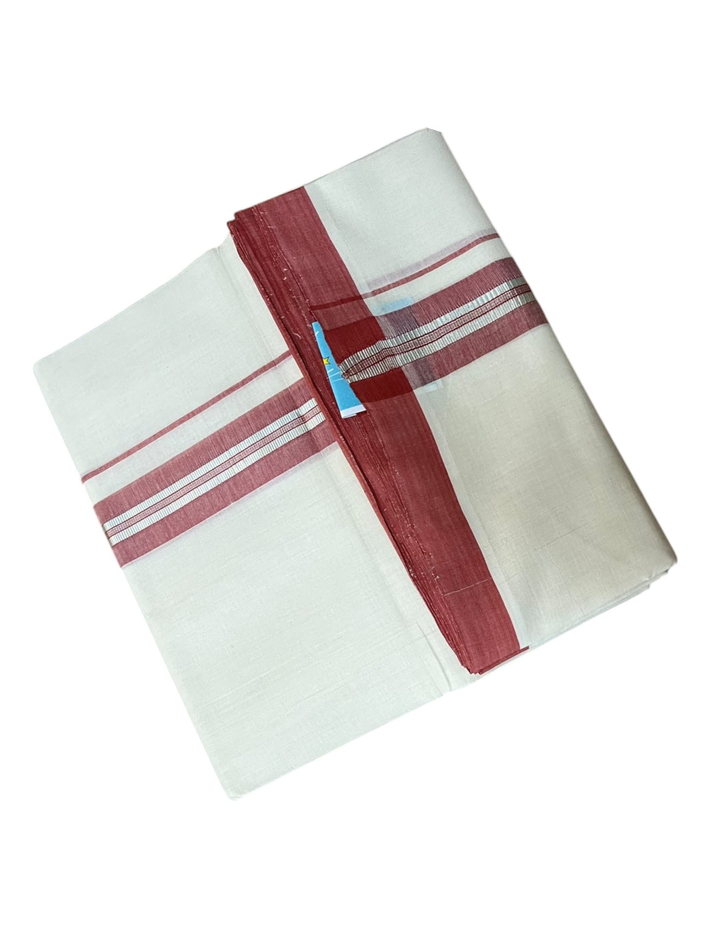 Southloom Balaramapuram Unakkupaavu Premium Handloom Cotton Double Mundu with Silver Lines and Brick Red Border