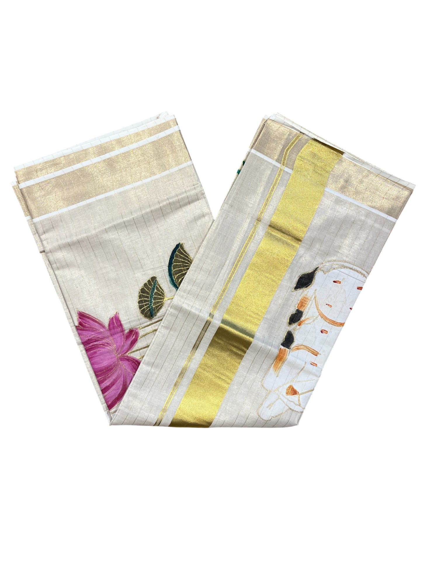 Southloom Tissue Kerala Kasavu Saree with Hand Painted Embroidery Nandi and Lotus Design