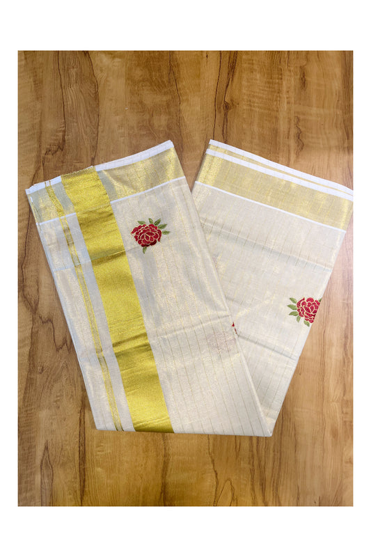 Southloom Kerala Tissue Kasavu Lines Saree with Maroon Floral Embroidery Works