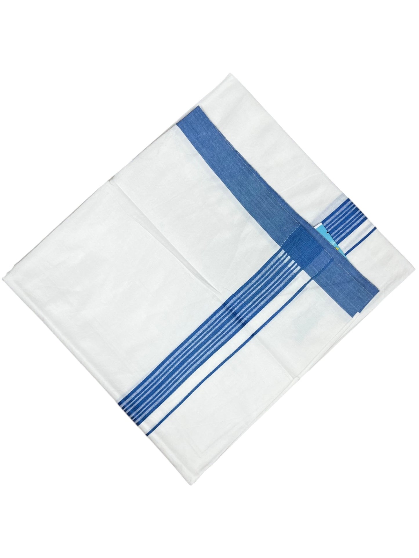 Southloom Pure White Cotton Mundu with Blue Lines Border (South Indian Kerala Dhoti)