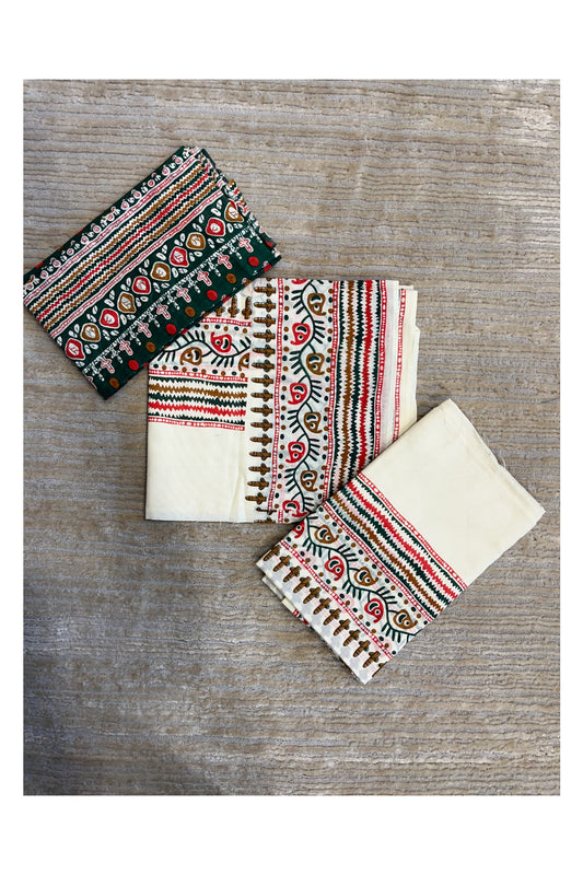 Southloom Pure Cotton Mulloth Set Mundu with Warly Print (Green Printed Blouse Piece)