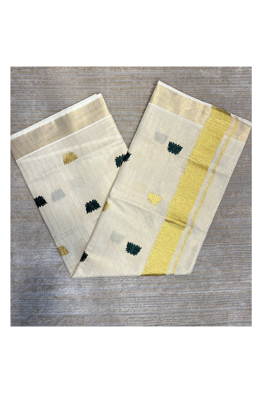 Southloom Kerala Tissue Kasavu Lines Saree with Green Lotus Embroidery Works