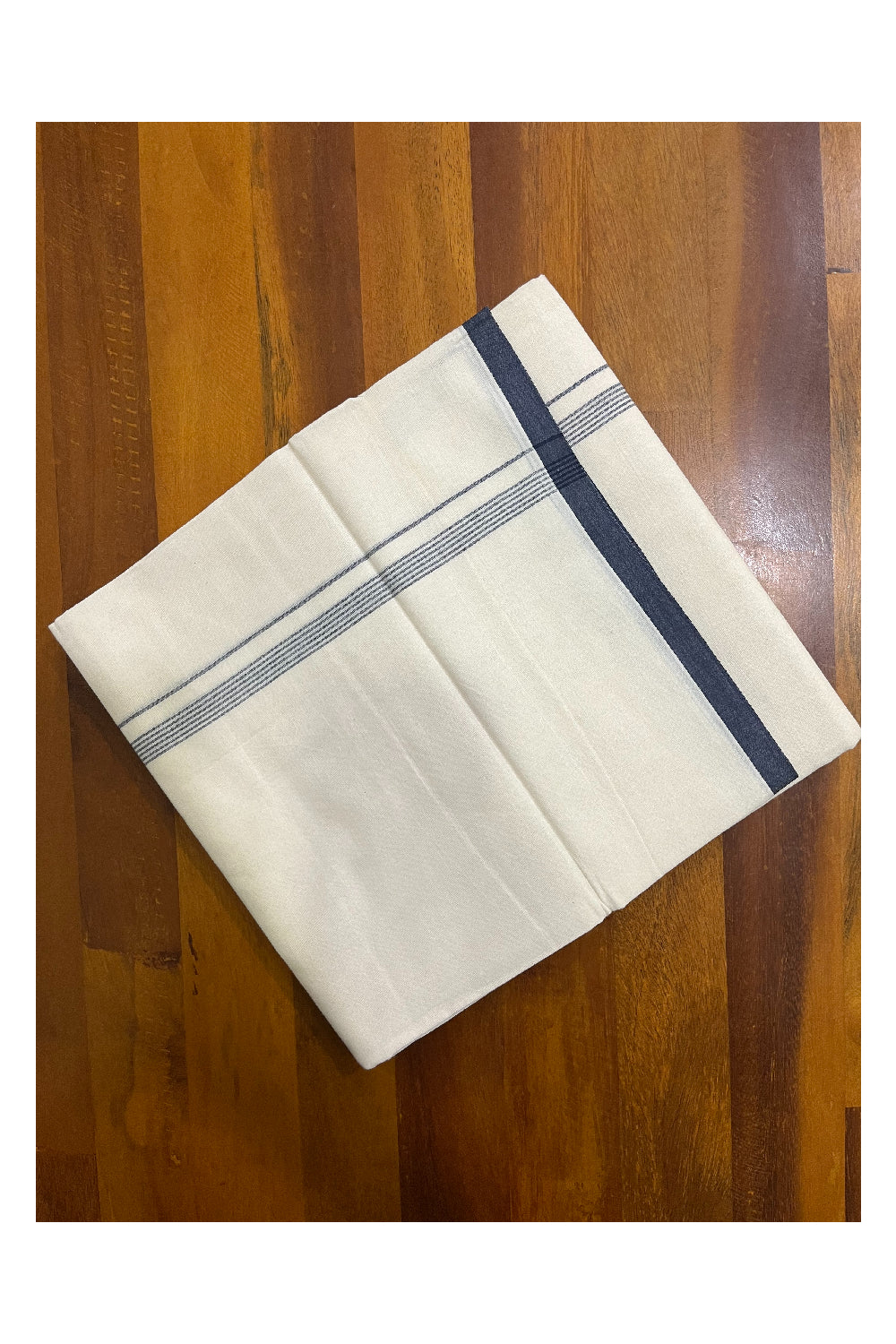 Pure Cotton Off White Double Mundu with Navy Blue Border (South Indian Kerala Dhoti)