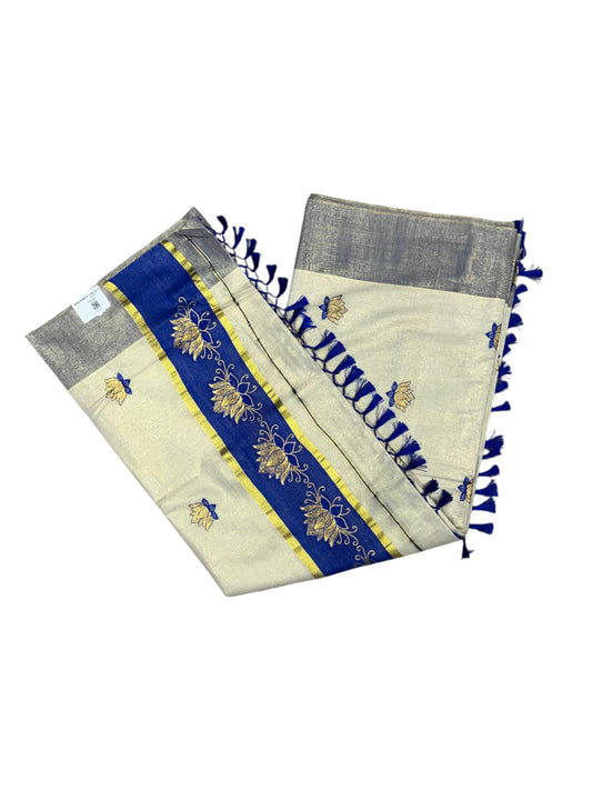 Southloom Kerala Tissue Kasavu Saree with Blue And Golden Lotus Embroidary Works on Body