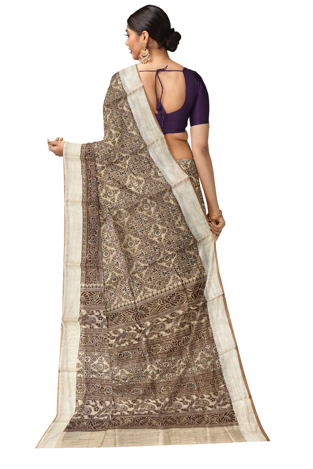Southloom Cotton Saree with Brown Floral Woven Patterns