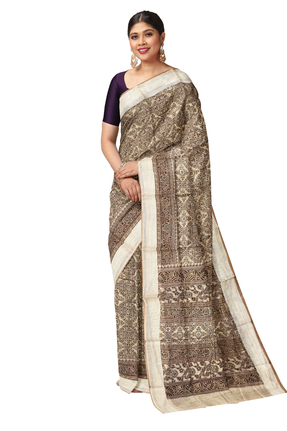 Southloom Cotton Saree with Brown Floral Woven Patterns