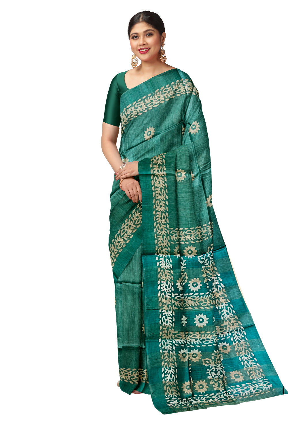 Southloom Cotton Green Saree with Baswara Prints on Body and Pallu