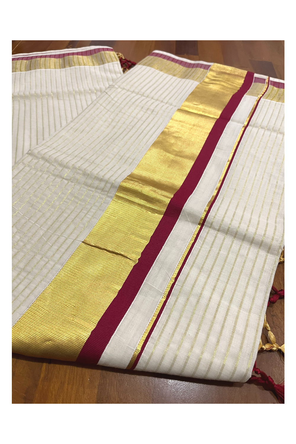 Pure Cotton Kerala Kasavu Lines Design Saree with Maroon Border and Tassels Work (Onam Saree 2023)