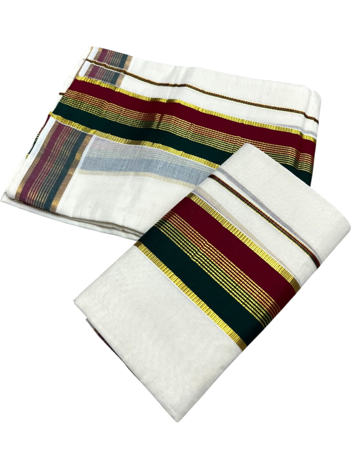 Southloom Kerala Cotton Kasavu Single Set Mundu (Mundum Neriyathum) with Green and Maroon Kasavu Border SLKK