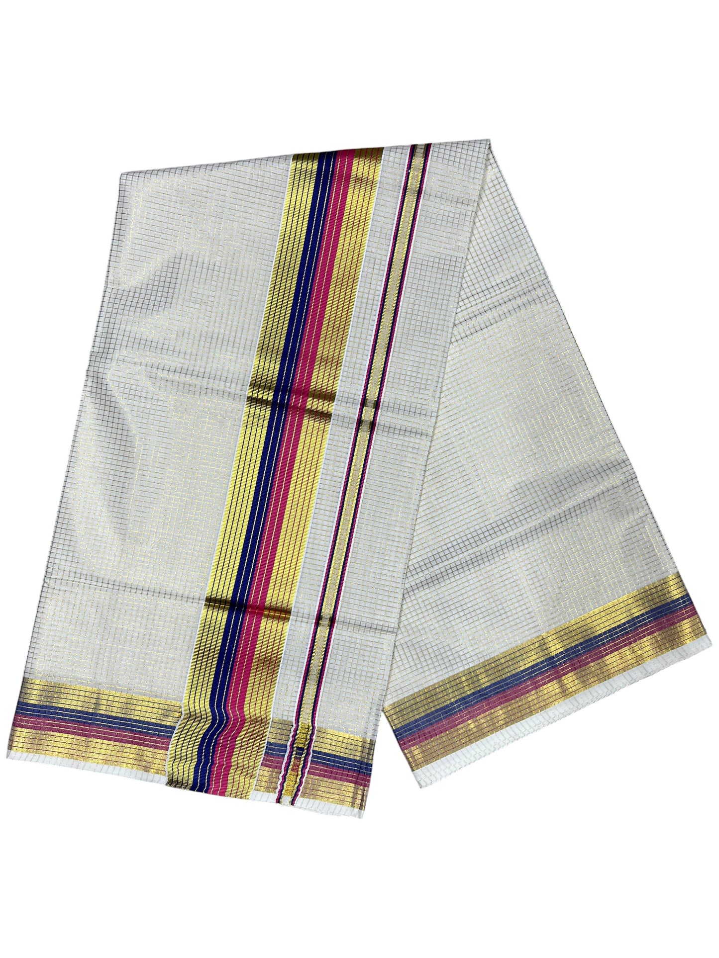 Southloom Kerala Cotton Kasavu Saree with Micro Check Design on Body in Magenta & Blue Border