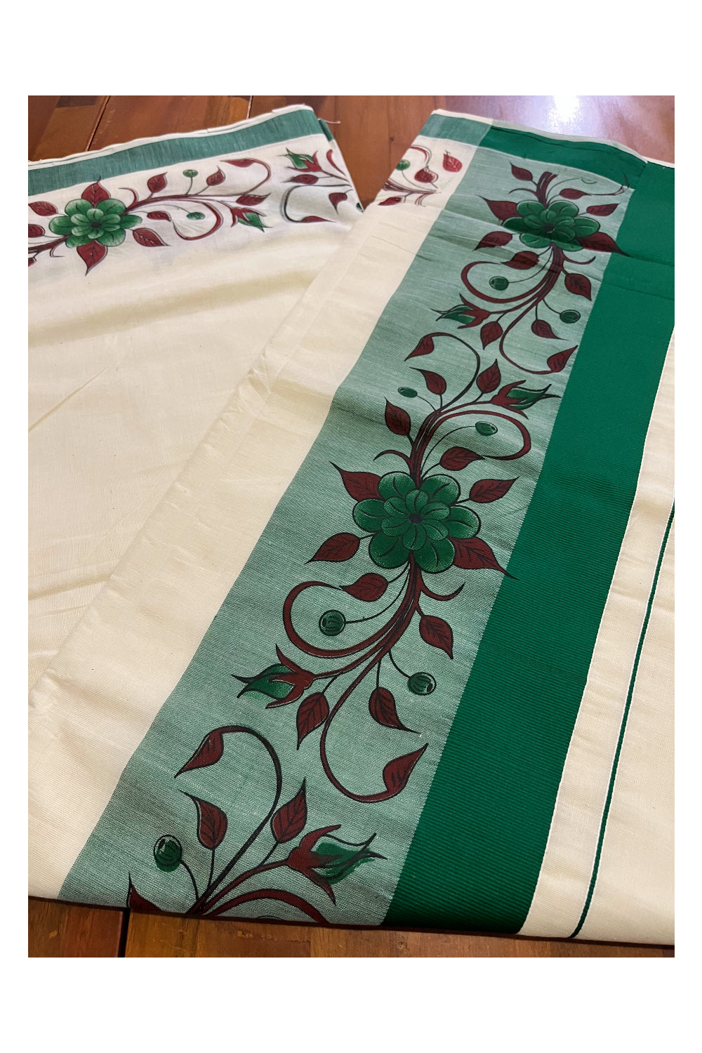 Pure Cotton Kerala Saree with Floral Block Printed Green Border