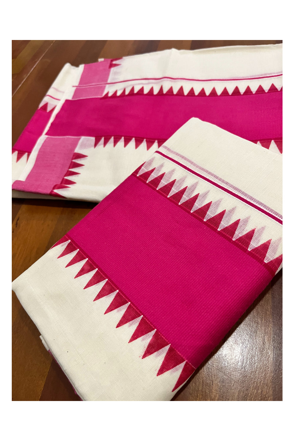 Kerala Pure Cotton Set Mundu Single (Mundum Neriyathum) with Pinkish Magenta Temple Border