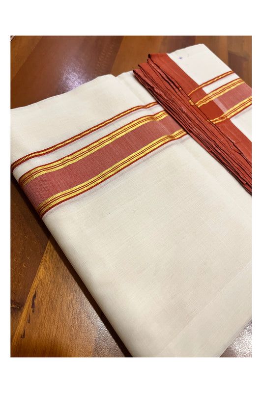 Southloom Premium Balaramapuram Unakkupaavu Handloom Kasavu Mundu with Orange Border (South Indian Kerala Dhoti)