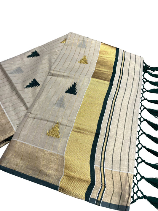 Kerala Tissue Kasavu Stripes Saree with Green and Gold Temple Embroidery Design on Body