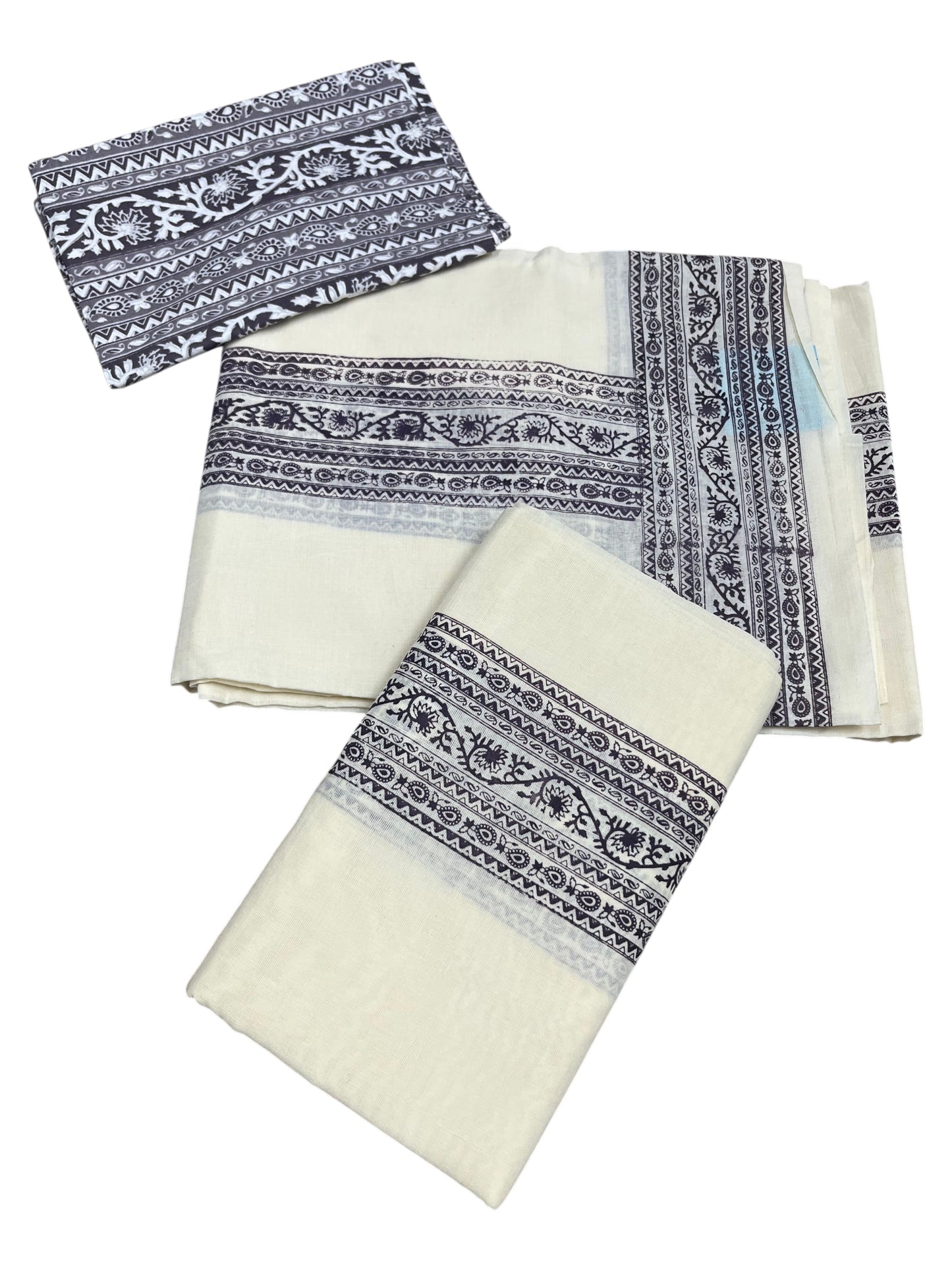 Southloom Gray Block Printed Set Mundu with Blouse Piece 2.80Mtrs