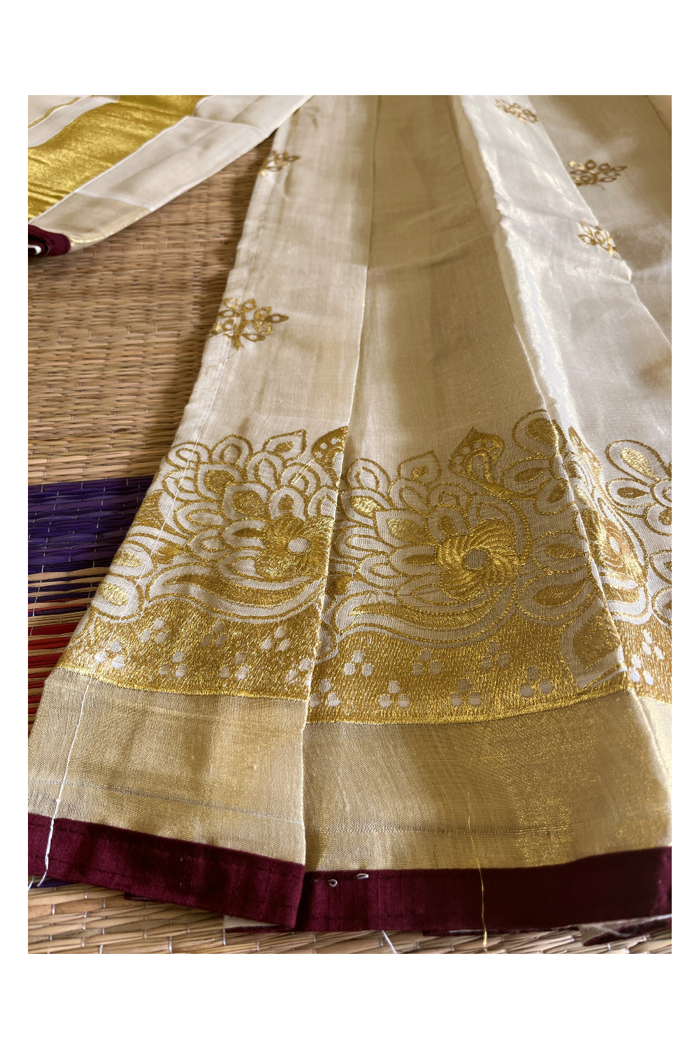 Semi Stitched Dhavani Set with Tissue Kasavu Woven Design Pavada and Dark Maroon Blouse Piece