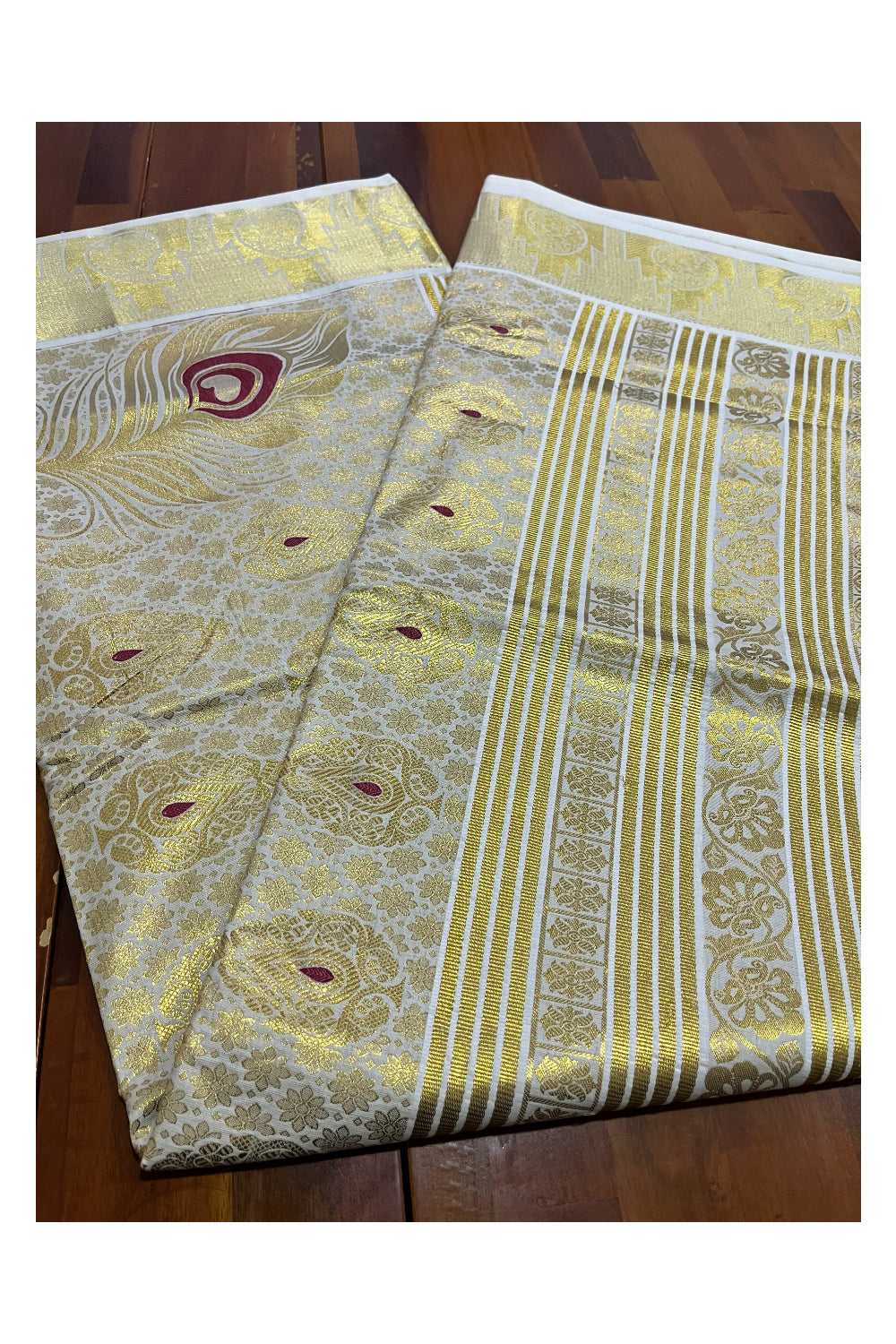 Kerala Pure Cotton Heavy Woven Work Kasavu Saree with Maroon Feather Works