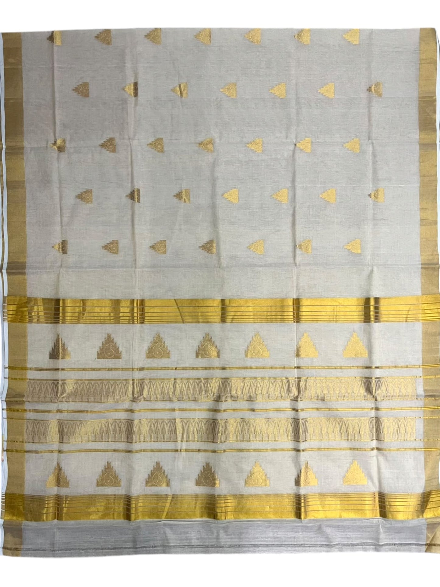 Southloom Super Premium Balaramapuram Handloom Tissue Saree with Temple Design and Gold Kasavu Border