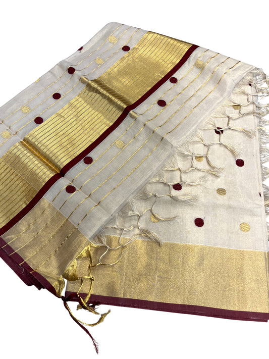 Southloom Super Premium Balaramapuram Unakkupaavu Handloom Tissue Saree with Gold and Maroon Polka on Body
