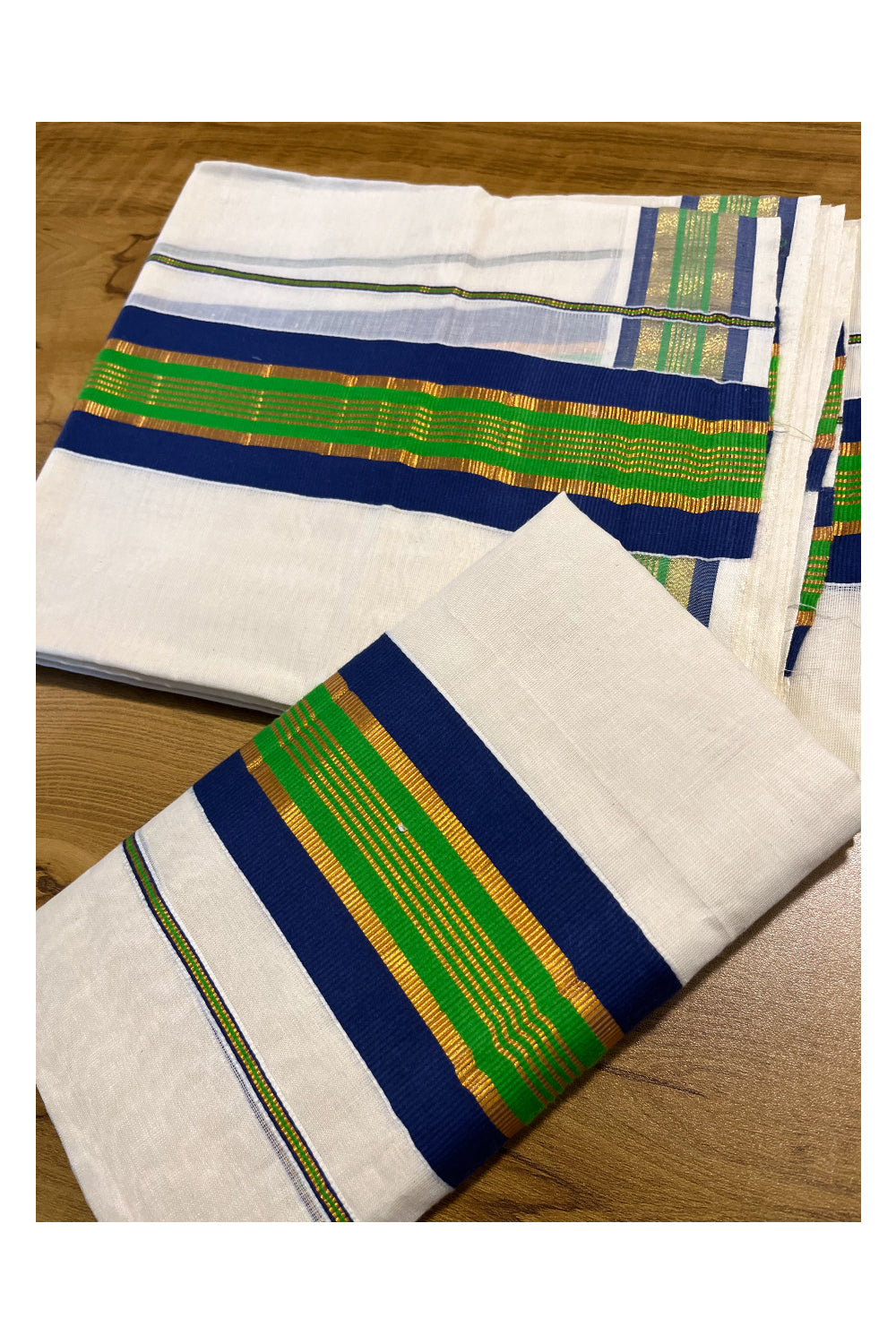 Kerala Cotton Kasavu Set Mundu (Mundum Neriyathum) with Blue and Green Border 2.80 Mtrs