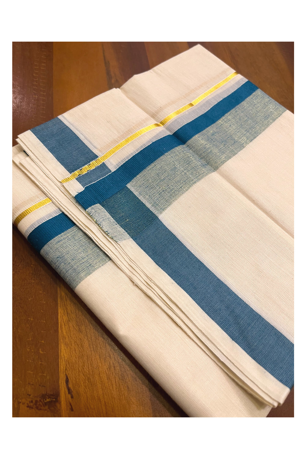 Kerala Pure Cotton Double Mundu with Teal Blue and Kasavu Border (South Indian Kerala Dhoti)