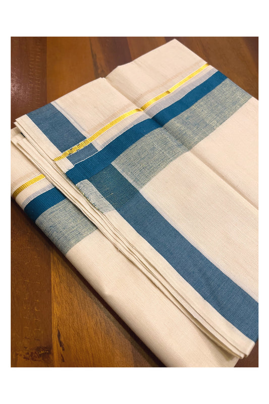 Kerala Pure Cotton Double Mundu with Teal Blue and Kasavu Border (South Indian Kerala Dhoti)