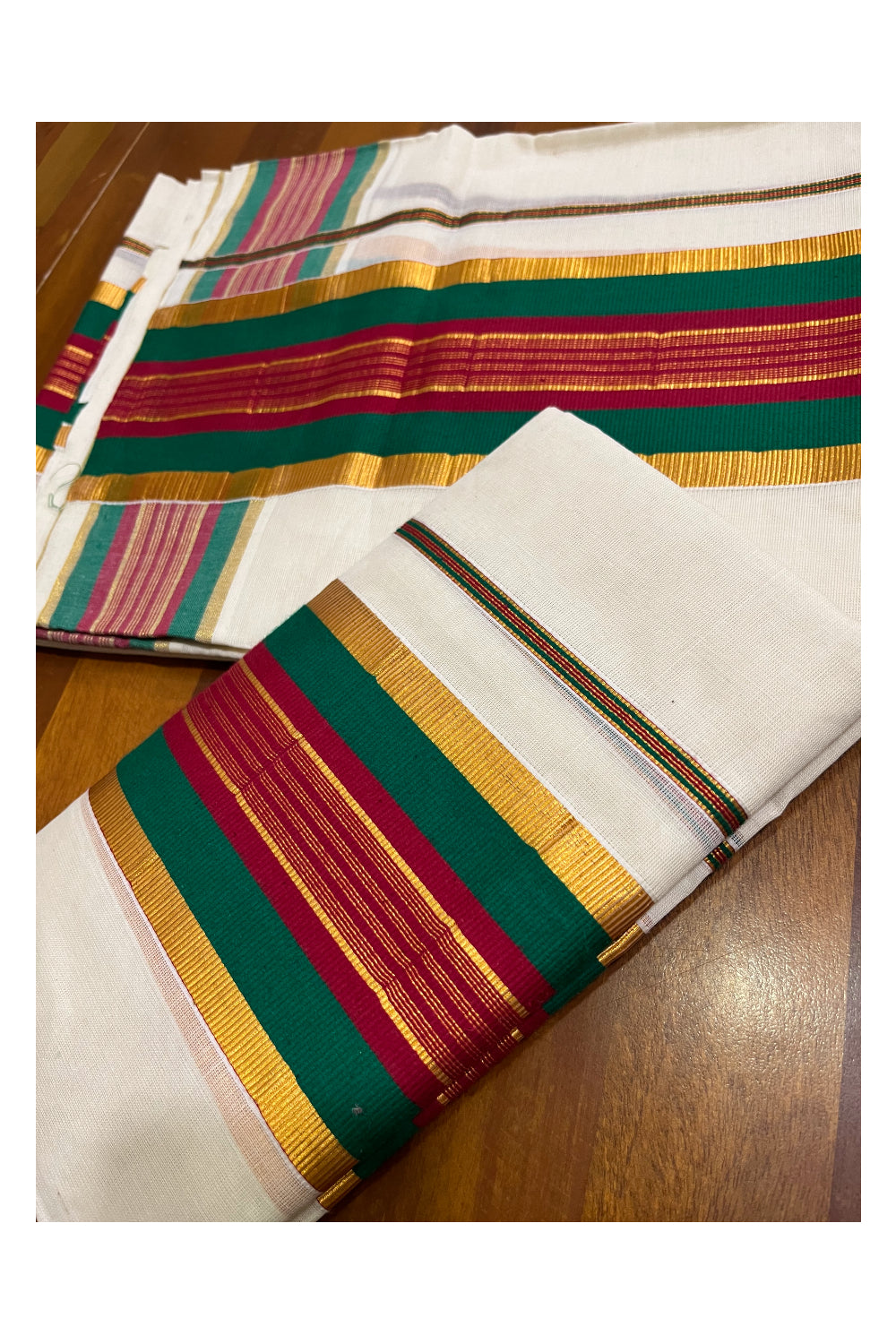 Kerala Cotton Kasavu Set Mundu (Mundum Neriyathum) with Green and Maroon Border 2.80 Mtrs