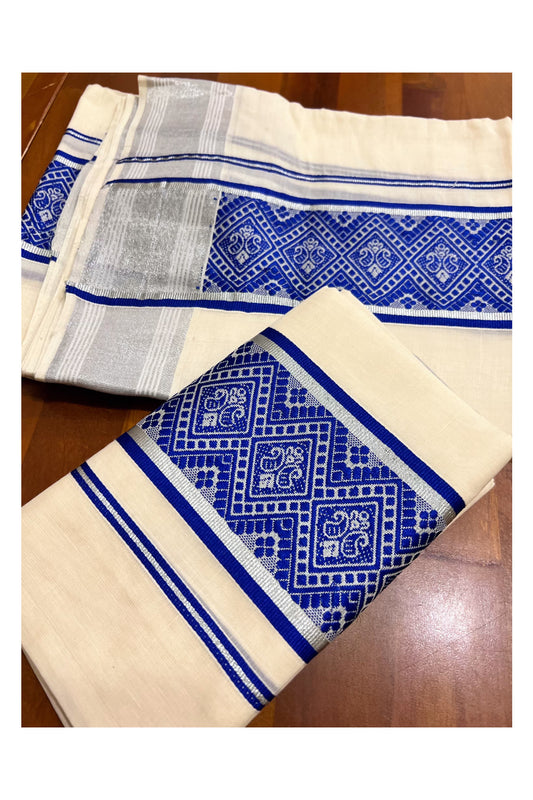 Kerala Cotton Mundum Neriyathum Single (Set Mundu) with Blue Woven Designs and Silver Kasavu Border 2.80 Mtrs