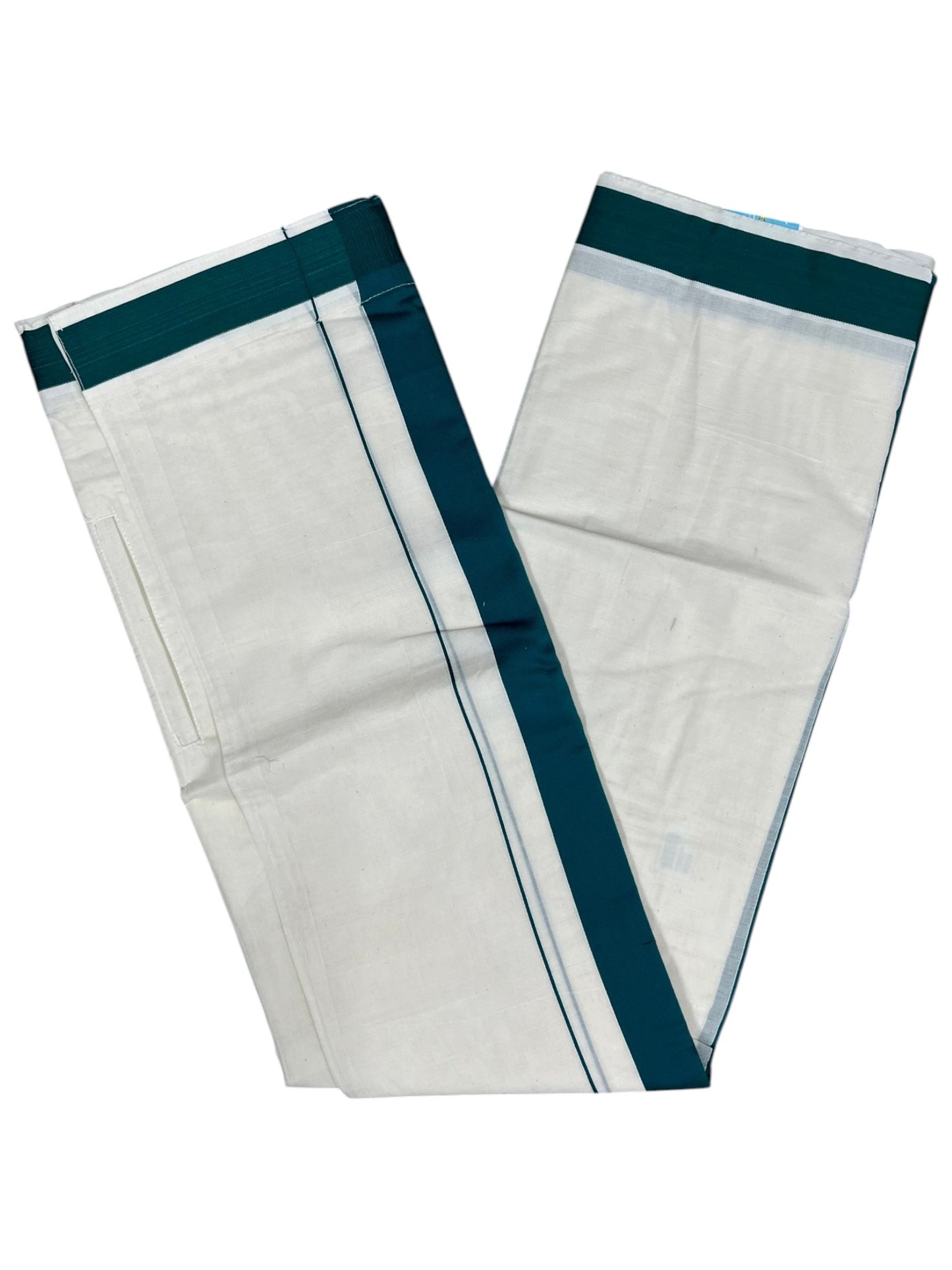 Southloom Kerala Cotton Velcro Mundu with Green Border (South Indian Kerala Dhoti) in 3.85 mtrs