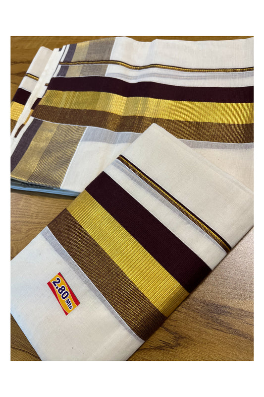 Kerala Cotton Set Mundu (Mundum Neriyathum) with Brown and Kasavu Border 2.80 Mtrs